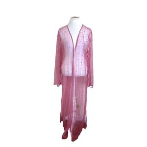 Ups & Downs Women Boho Pearl Mesh Duster Kimono Size 3X Pink Sheer Long Cover Up